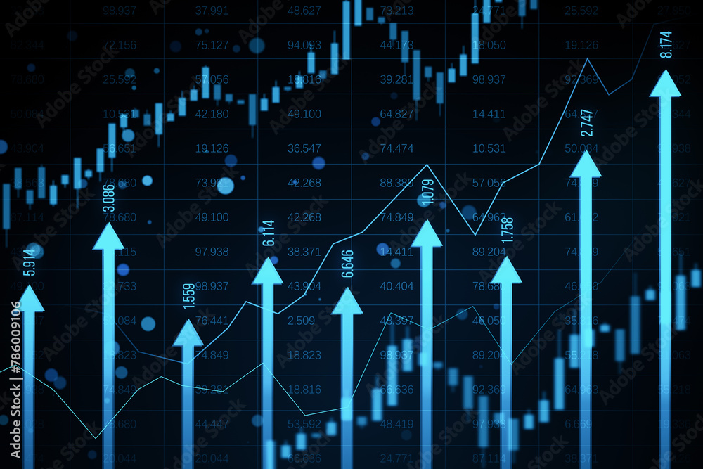 Poster growing blue vertical arrows and candlestick forex chart on dark index grid backdrop. economic growt
