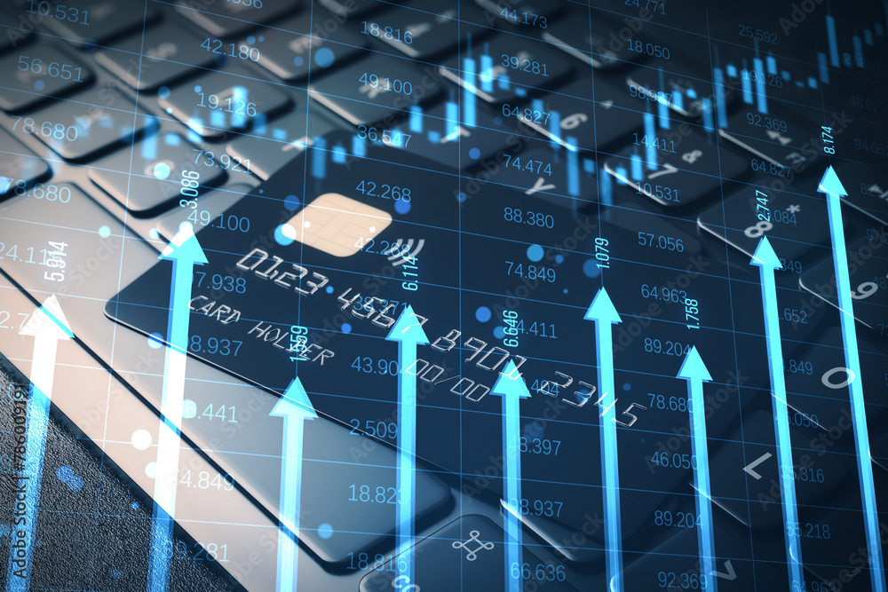 Poster close up of bank card on keyboard with growing blue vertical arrows and candlestick forex chart on b