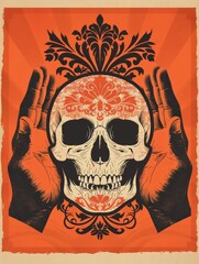 skull, hands, orange, black, art, illustration, symmetrical, ornate, decorative, pattern, filigree, gothic