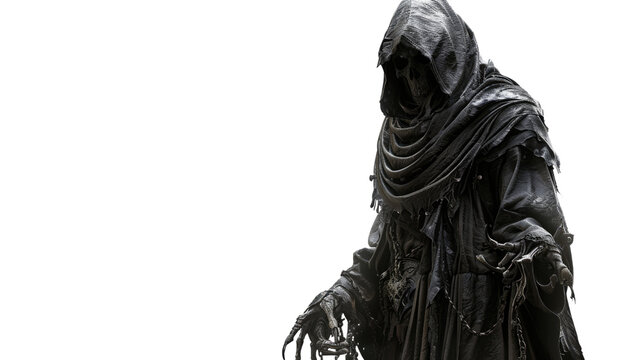 Creepy skeleton in a torn robe. Precursor of death. Scary man isolated on white background. Spooky horror personage. Dark evil pirate want to kill.