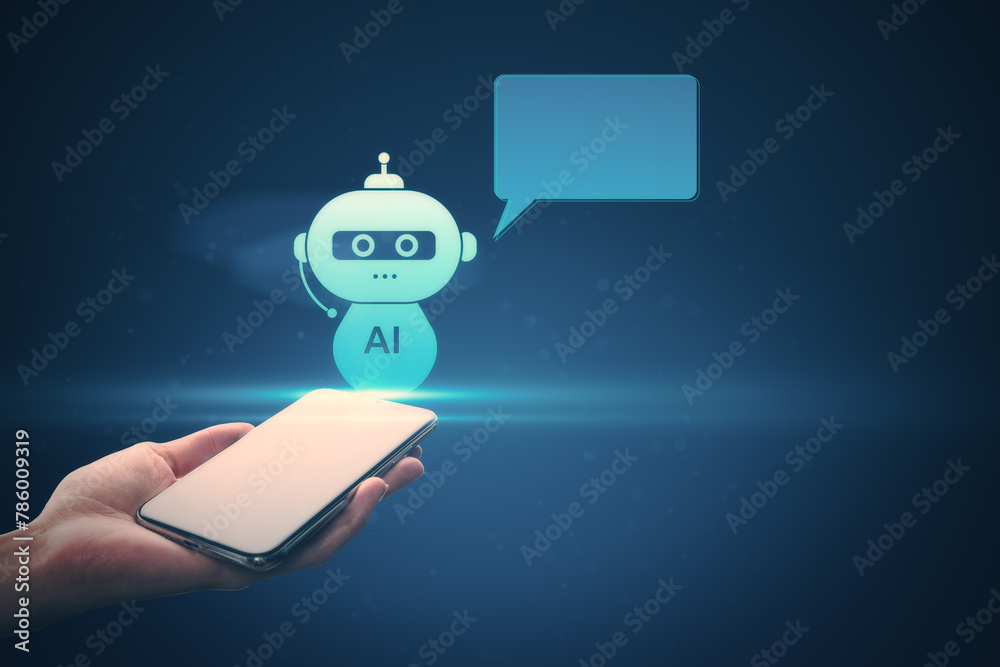 Poster Close up of female hand holding smartphone with creative AI robot hologram with speech bubble for your text on blue background. Chat GPT and customer support concept.