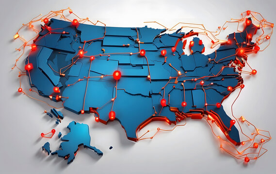 Abstract digital map of the USA symbolizing North America's global network and connectivity