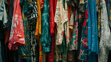 Close up of colorful clothes in second hand clothing shop, charity shop, thrift store, street market - obrazy, fototapety, plakaty