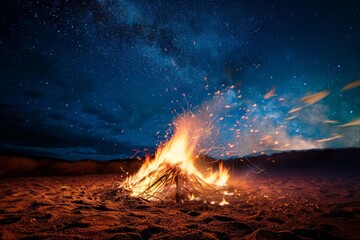 A bonfire illuminating the night, with sparks and flames reaching towards the starry sky, copy space, background