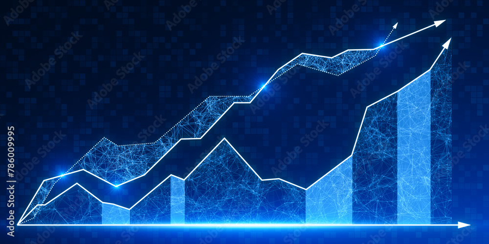 Poster creative growing digital business chart on blue backdrop. business strategy development and growth p