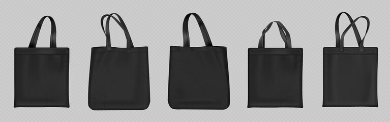 Black tote bags set isolated on transparent background. Vector realistic illustration of fabric shopper mockup with blank space for corporate branding, cotton ecobag for shopping, fashion accessory