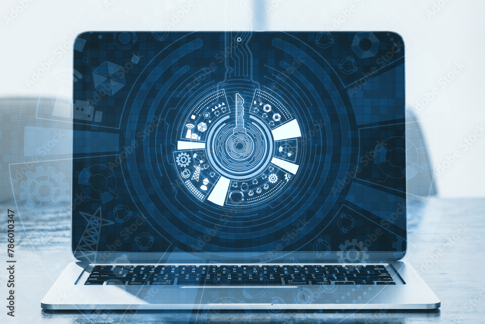Aufkleber Close up of laptop with creative round digital key hologram on blurry tech background. Concept of cyber security or private key, abstract digital key with technology interface. 3D Rendering.