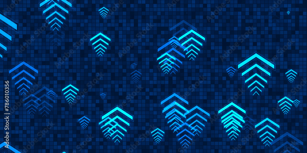Poster Abstract growing arrows on blue background. Success, progress and result concept. 3D Rendering.