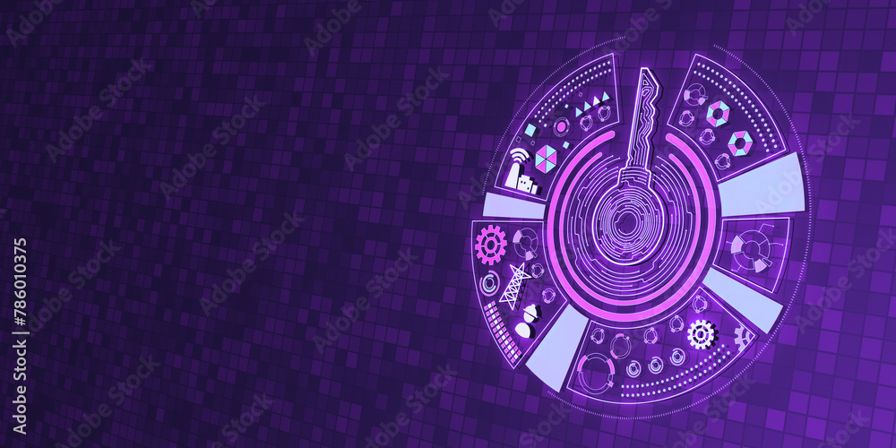Aufkleber Creative round digital key hologram on purple tech background with mock up place. Concept of cyber security or private key, abstract digital key with technology interface. 3D Rendering.
