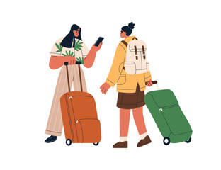 Tourists with luggage, phone. Women passengers standing with suitcases, backpack, travel bags. Happy girls with baggage for journey, holiday trip. Flat vector illustration isolated on white background