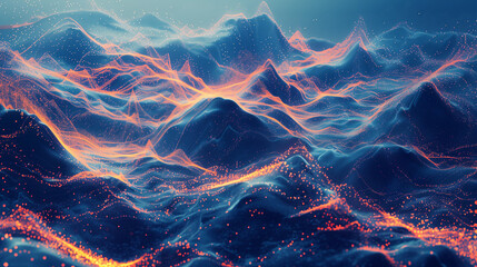 An abstract representation of the internet as a physical space where data streams form rivers and mountains