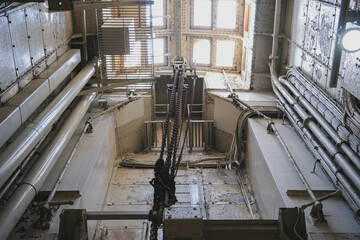 View into historic old fashioned engine room onboard classic ocean cruiseship cruise ship liner...