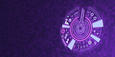 Creative round digital key hologram on purple tech background with mock up place. Concept of cyber security or private key, abstract digital key with technology interface. 3D Rendering. - obrazy, fototapety, plakaty