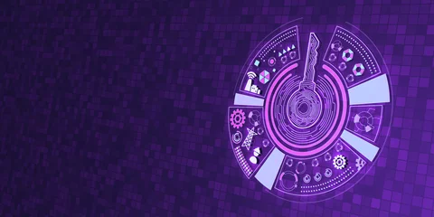 Foto op Aluminium Creative round digital key hologram on purple tech background with mock up place. Concept of cyber security or private key, abstract digital key with technology interface. 3D Rendering. © Who is Danny