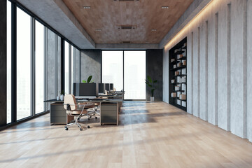 Clean designer coworking office interior with panoramic window and city view. 3D Rendering.