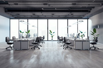 Simple coworking office interior with windows and city view, partition, furniture and computers. 3D Rendering.