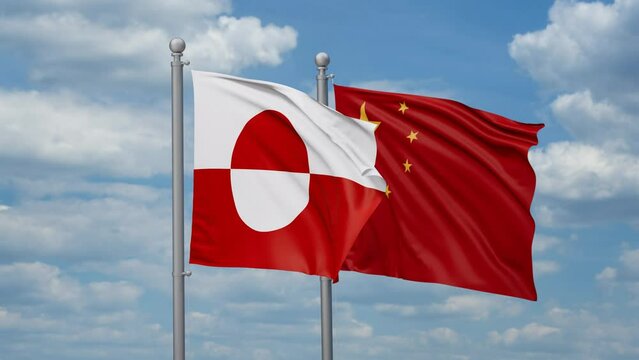 China and Greenland two flags waving together, looped video, two country relations concept