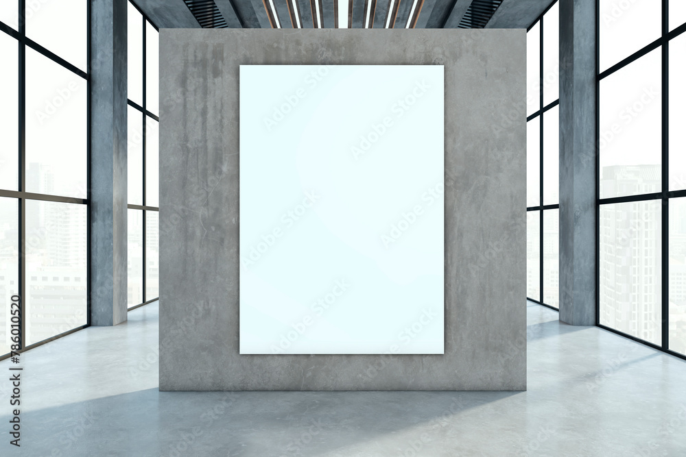 Poster modern empty spacious interior with panoramic windows and city view, blank white mock up banner on w