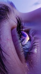 Captures the reflection of a soft violet night sky in the surface of an eye, blending the vastness of the cosmos with the intimacy of human sight