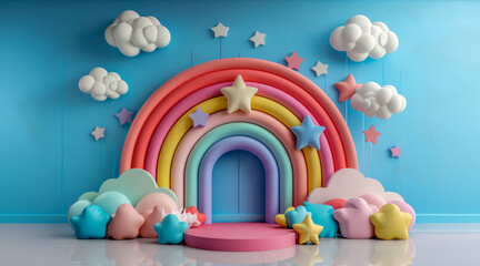 Fototapeta premium Colorful children's party decoration with rainbow and clouds