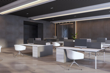 Minimalist office design with striking black and white contrast and modern furniture. 3D Rendering