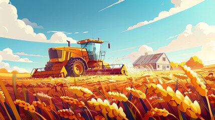 The farmer is harvesting soybeans in the field. He is operating a large harvesting machine and collecting mature soybeans.  - obrazy, fototapety, plakaty