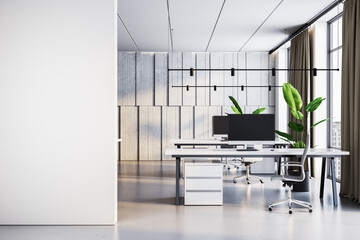 Modern minimalist office interior with open space, sleek furniture, and natural light. 3D Rendering - obrazy, fototapety, plakaty