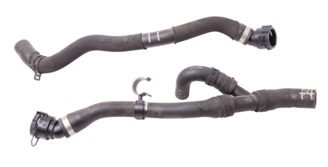 Black rubber hose of the car engine cooling system on a white isolated background in a photo studio for replacement during repair or for a catalog of spare parts for sale on auto disassembly.