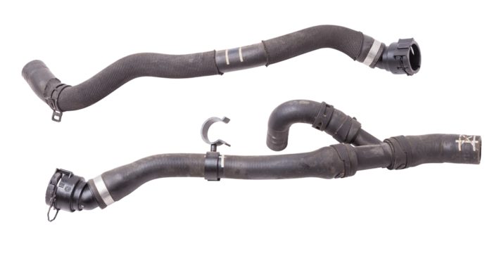 Black rubber hose of the car engine cooling system on a white isolated background in a photo studio for replacement during repair or for a catalog of spare parts for sale on auto disassembly.