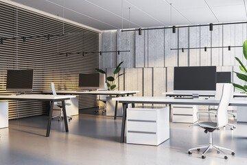Stylish workspace with slatted wood partitions, concrete backdrops, and modern decor. 3D Rendering - obrazy, fototapety, plakaty