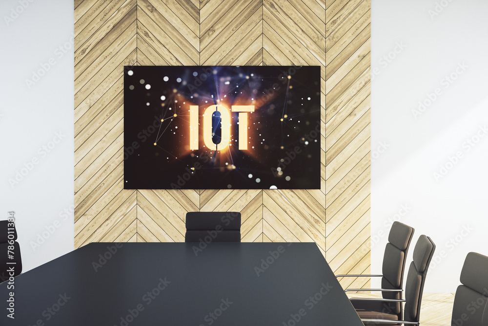 Poster Creative IOT hologram on presentation tv screen in a modern meeting room, research and development concept. 3D Rendering