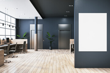 Modern coworking office interior with empty white mock up banner, wooden flooring, panoramic windows with city view, dark concrete walls and various items and objects. 3D Rendering.