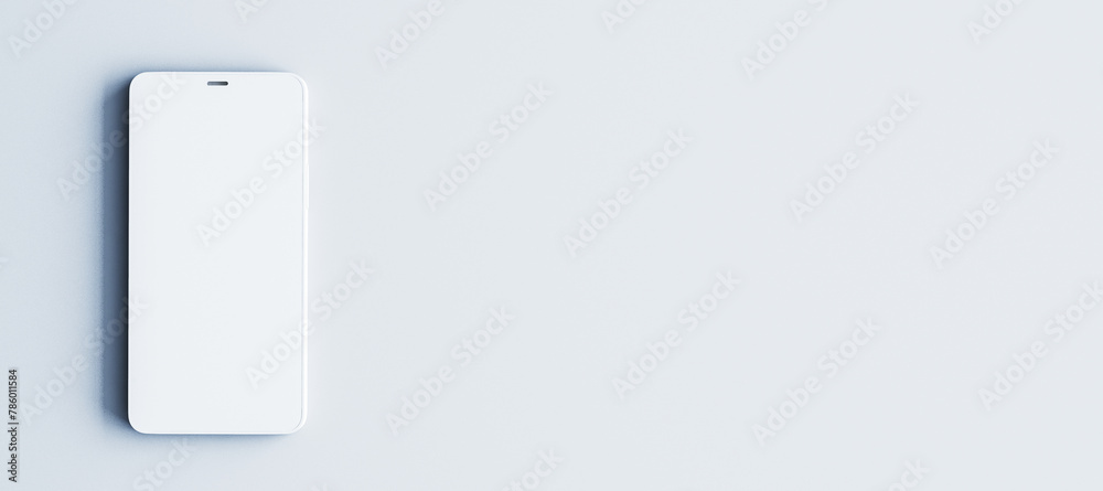 Poster close up of empty white mock up smartphone on light wide background. new phone, product and presenta