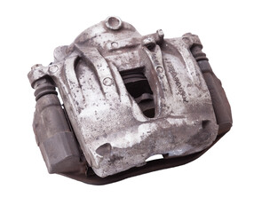 Old metal brake caliper on a white background for replacement during the repair of the chassis or for a catalog of spare parts for sale on auto parsing.