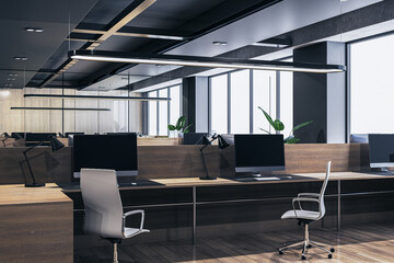 Bright coworking office workplace with wooden flooring, panoramic windows with city view, furniture and computer monitors. 3D Rendering.