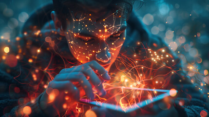 A person immersed in tablet use, surrounded by a tangle of glowing cables, depicts internet addiction - obrazy, fototapety, plakaty
