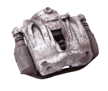 Old metal brake caliper on a white background for replacement during the repair of the chassis or for a catalog of spare parts for sale on auto parsing.