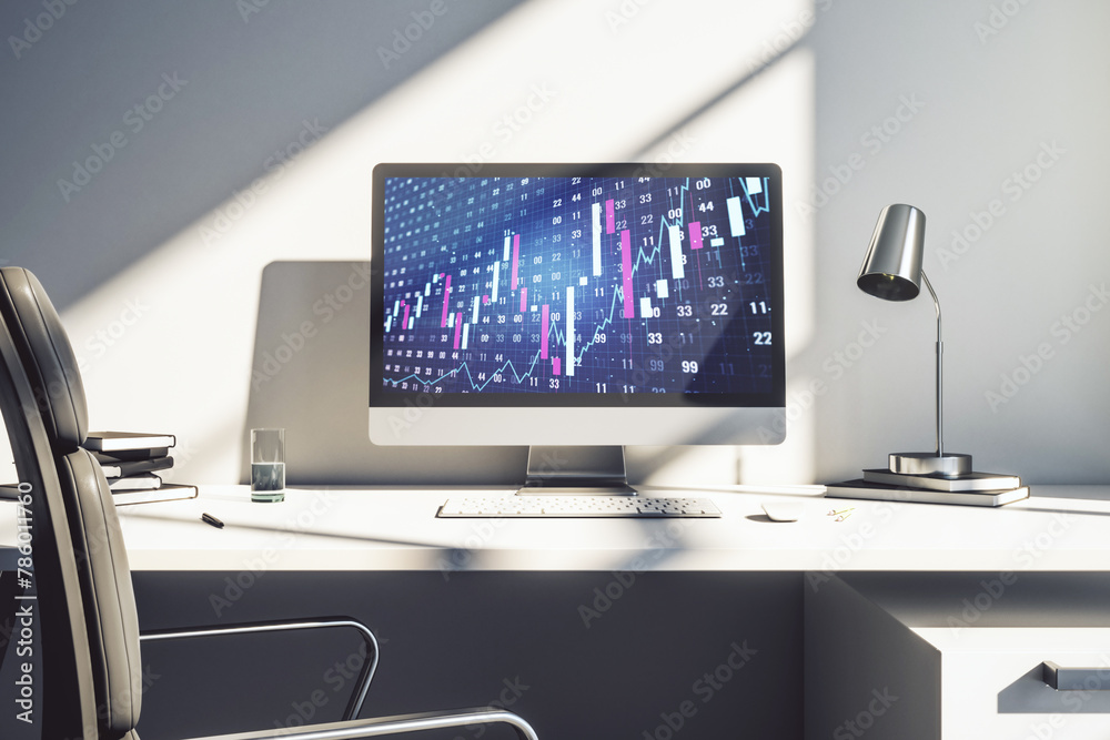 Poster abstract creative financial graph on modern laptop monitor, forex and investment concept. 3d renderi