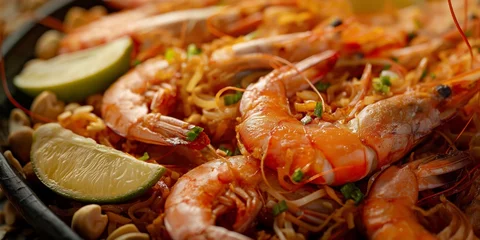 Foto op Canvas A sumptuous pad thai with shrimp, bean sprouts, lime and peanuts, shot in close-up, ideal for showcasing Thai cuisine © gunzexx