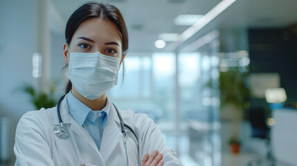 Young beautiful female doctor in a white coat with a stethoscope on the background of the hospital