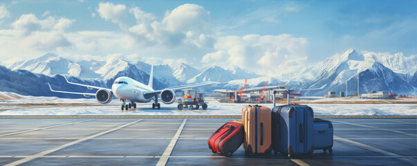 luggage stand on an airport tarmac, hinting at the beginning of an adventure against a backdrop of snowy mountains - obrazy, fototapety, plakaty