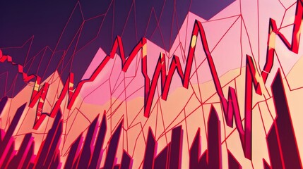 Captures a stock chart with vibrant red lines sharply zigzagging, illustrating the chaotic nature of market volatility and the intense emotions it can evoke - obrazy, fototapety, plakaty