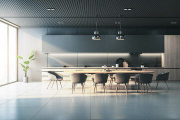 Modern spacious kitchen interior with panoramic window and city view, tile flooring, daylight and dining area furniture. 3D Rendering.