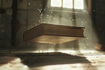 Levitating flying book in a sunlit near window with shadows, surrounded by floating dust, close up