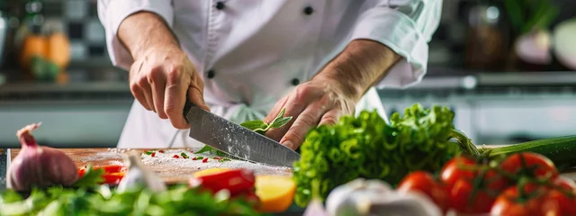 Fotobehang close-up of a chef cutting vegetables for a salad © Артур Комис