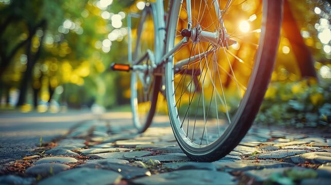 Detailed view of a bicycle wheel, emphasizing the spokes and rim, with a city park in the blurred background promoting sustainable urban transport