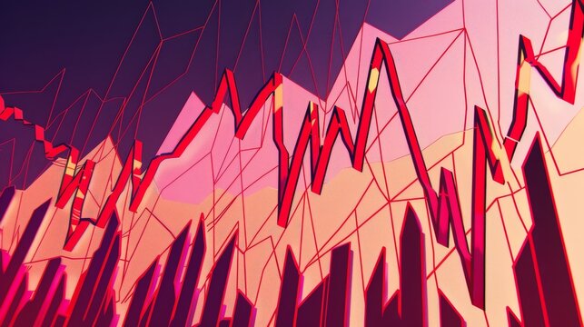 Captures a stock chart with vibrant red lines sharply zigzagging, illustrating the chaotic nature of market volatility and the intense emotions it can evoke