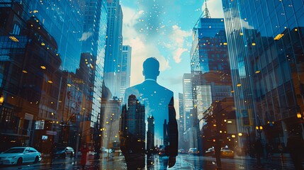 Closeup portrait of young man standing in office next to window at night with city skyscrapers blurred