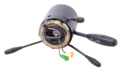 Steering wheel switches for windshield wipers and turn signals with steering angle sensor disassembled on a white isolated background, spare part for car repair or for sale at junk yard.