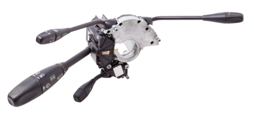 Steering wheel switches for windshield wipers and turn signals with steering angle sensor disassembled on a white isolated background, spare part for car repair or for sale at junk yard.